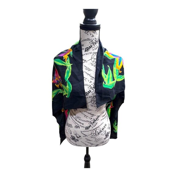 Liz Claiborne 100% Silk 30" Square Scarf Multicolor Stargazer Lillies on Black - Picture 2 of 4